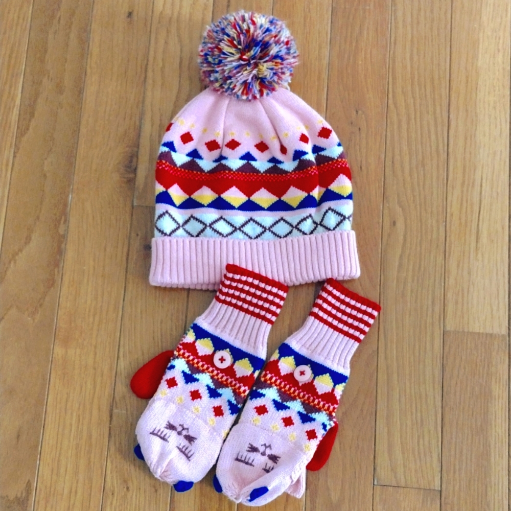 Hanna Andersson girl knit hat and gloves set medium small pink 100% cotton